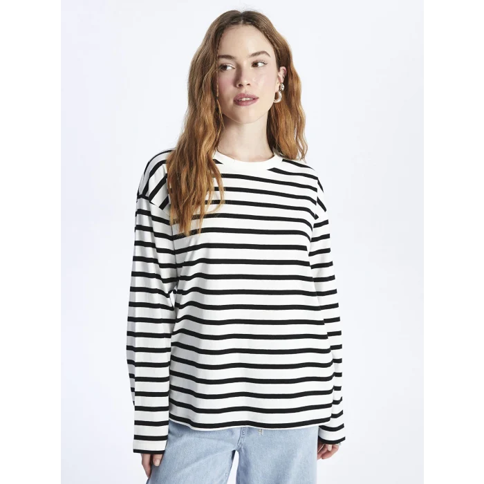 XSIDE Ekru Bisiklet Yaka Çizgili Uzun Kollu Kadın Tişört