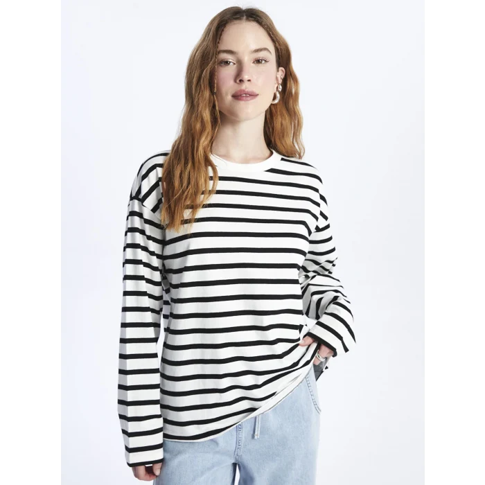 XSIDE Ekru Bisiklet Yaka Çizgili Uzun Kollu Kadın Tişört