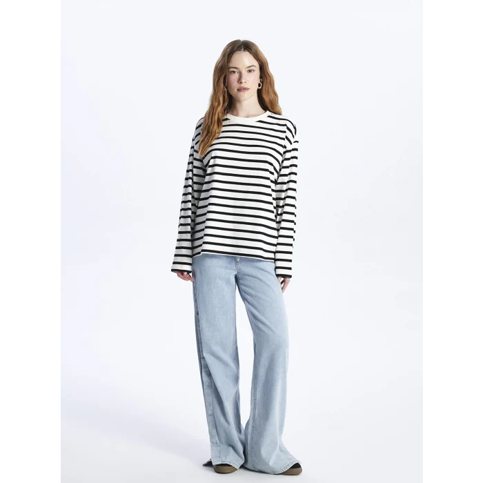 XSIDE Ekru Bisiklet Yaka Çizgili Uzun Kollu Kadın Tişört