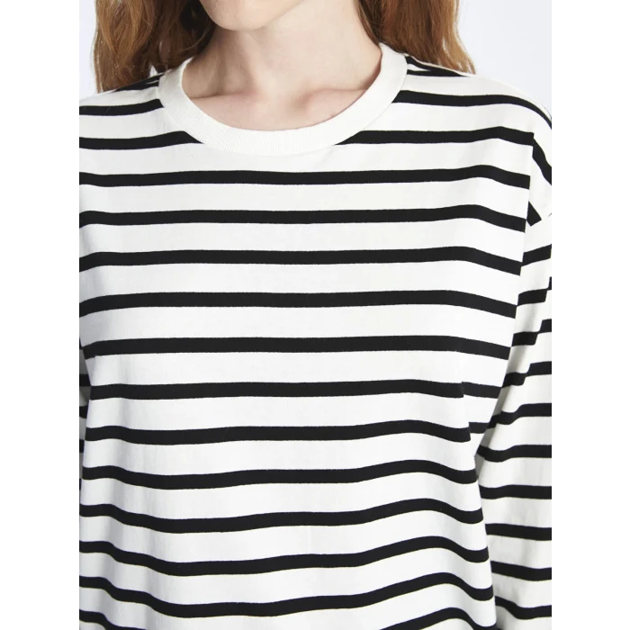XSIDE Ekru Bisiklet Yaka Çizgili Uzun Kollu Kadın Tişört