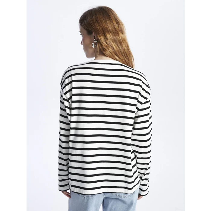 XSIDE Ekru Bisiklet Yaka Çizgili Uzun Kollu Kadın Tişört