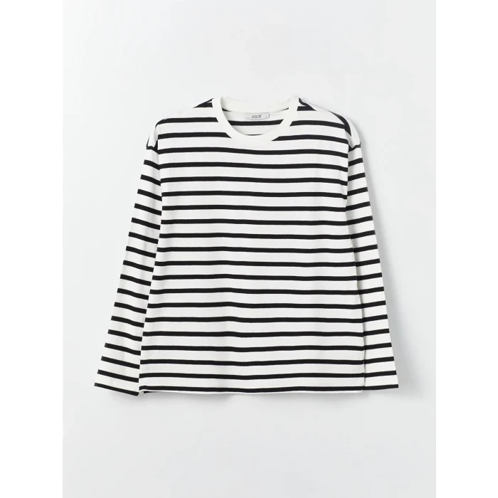 XSIDE Ekru Bisiklet Yaka Çizgili Uzun Kollu Kadın Tişört