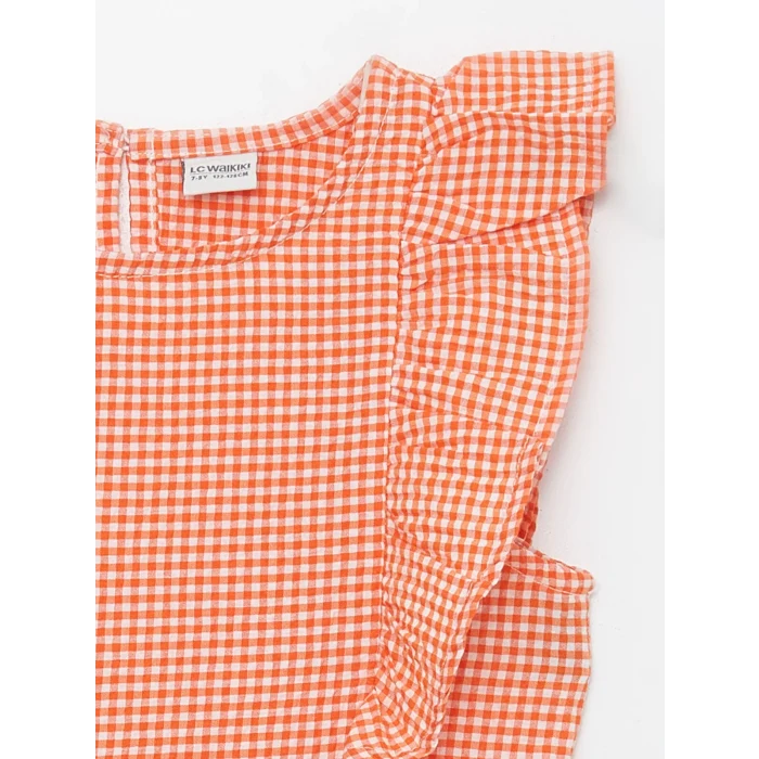 LCW Kids Turuncu Bisiklet Yaka Ekose Kız Çocuk Elbise