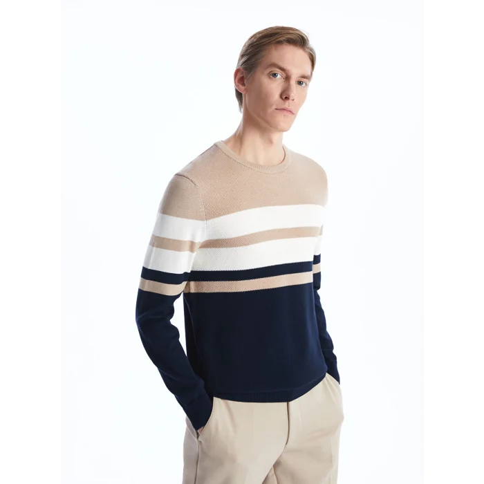 LCWAIKIKI Classic Bej Bisiklet Yaka Uzun Kollu Çizgili Erkek Triko Kazak