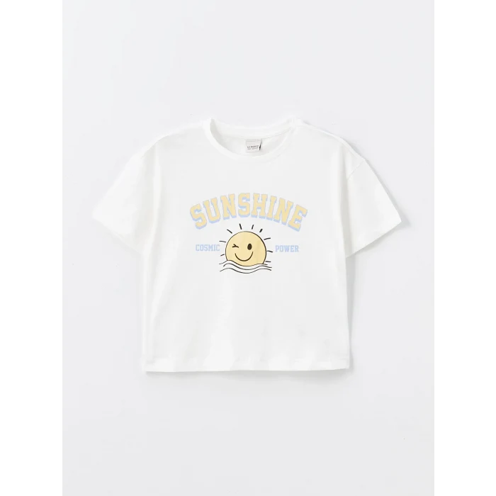 LCW Kids Ekru Bisiklet Yaka Baskılı Kısa Kollu Kız Çocuk Tişört ve Şort