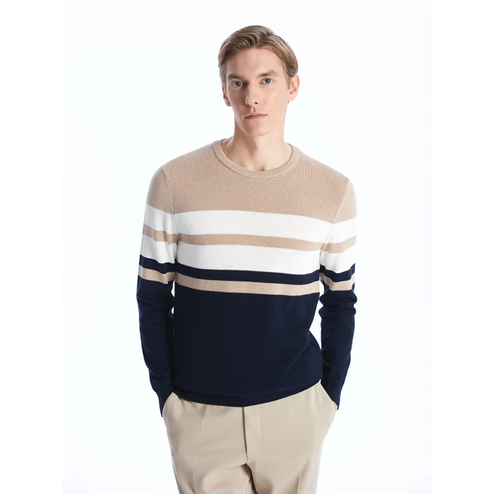 LCWAIKIKI Classic Bej Bisiklet Yaka Uzun Kollu Çizgili Erkek Triko Kazak