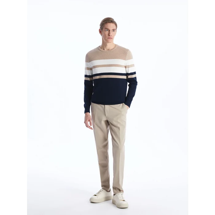 LCWAIKIKI Classic Bej Bisiklet Yaka Uzun Kollu Çizgili Erkek Triko Kazak