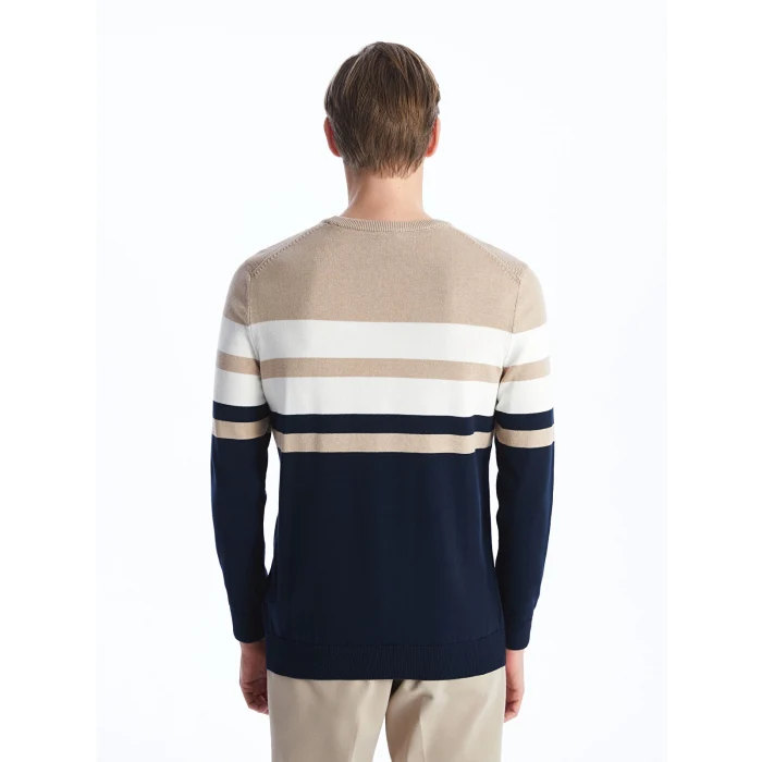 LCWAIKIKI Classic Bej Bisiklet Yaka Uzun Kollu Çizgili Erkek Triko Kazak