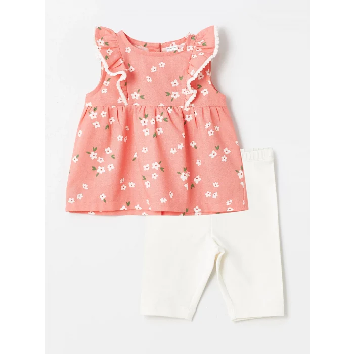 LCW baby Pembe Bisiklet Yaka Çiçekli Kız Bebek Bluz ve Tayt 2li Takım
