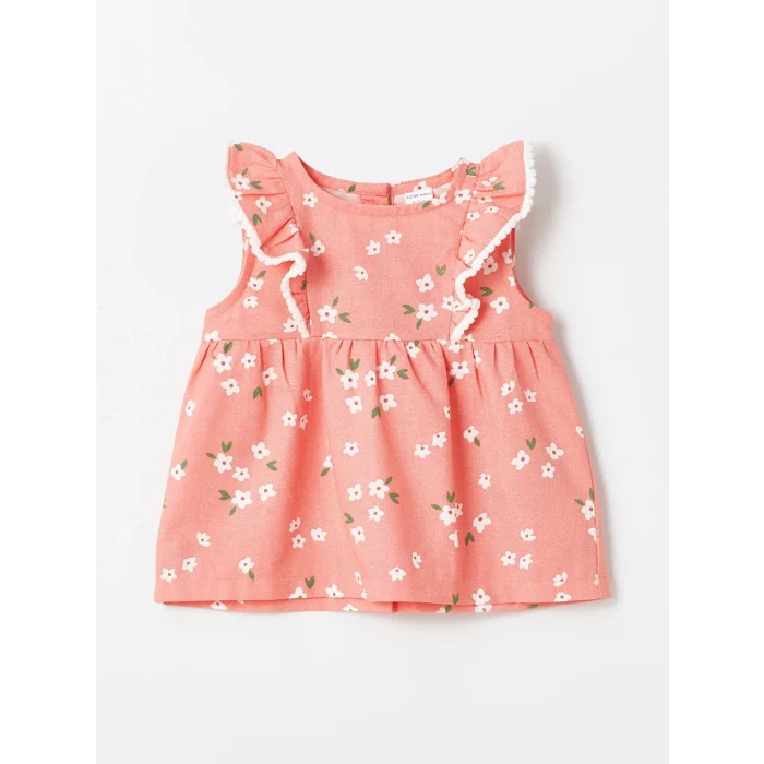 LCW baby Pembe Bisiklet Yaka Çiçekli Kız Bebek Bluz ve Tayt 2li Takım