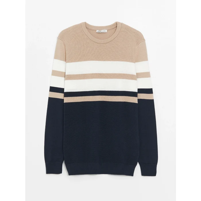 LCWAIKIKI Classic Bej Bisiklet Yaka Uzun Kollu Çizgili Erkek Triko Kazak