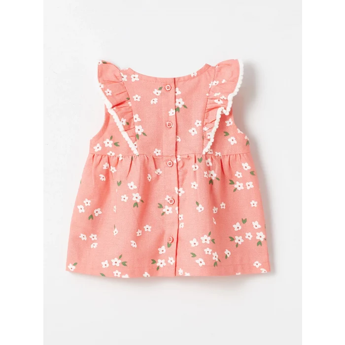 LCW baby Pembe Bisiklet Yaka Çiçekli Kız Bebek Bluz ve Tayt 2li Takım