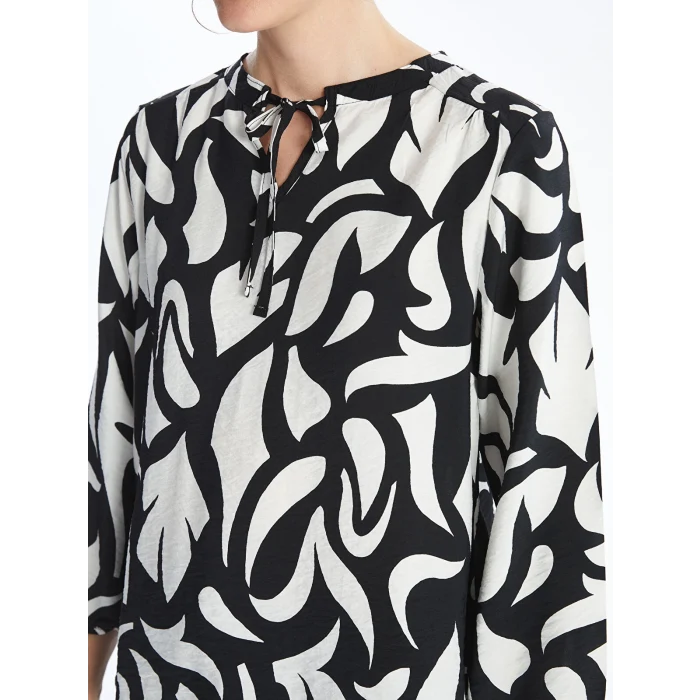 LCWAIKIKI Classic Siyah Bağlamalı Yaka Çiçekli Uzun Kollu Kadın Bluz