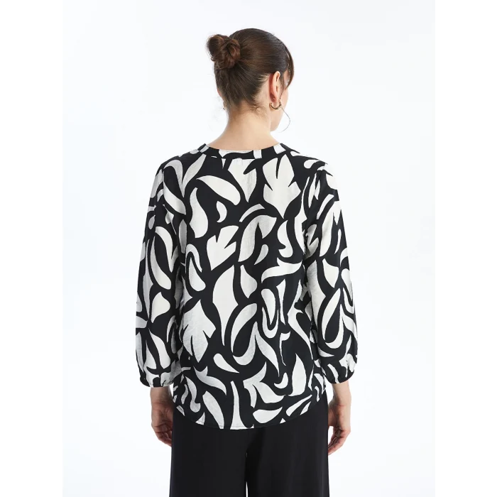 LCWAIKIKI Classic Siyah Bağlamalı Yaka Çiçekli Uzun Kollu Kadın Bluz