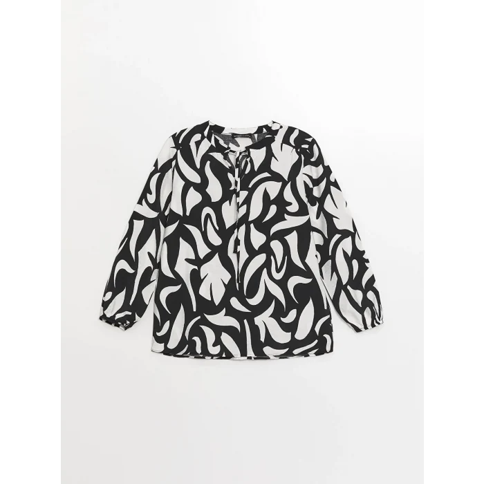 LCWAIKIKI Classic Siyah Bağlamalı Yaka Çiçekli Uzun Kollu Kadın Bluz