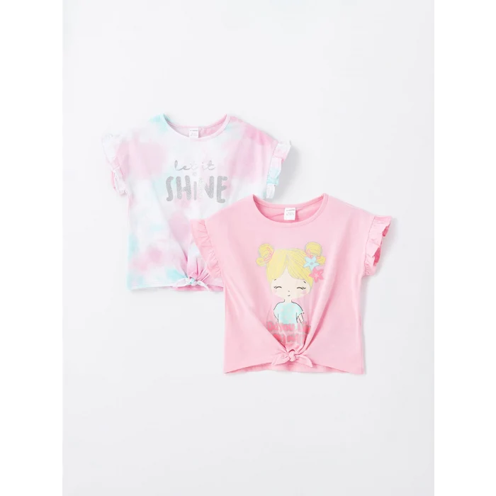 LCW Kids Pembe Bisiklet Yaka Baskılı Kısa Kollu Kız Bebek Tişört 2li