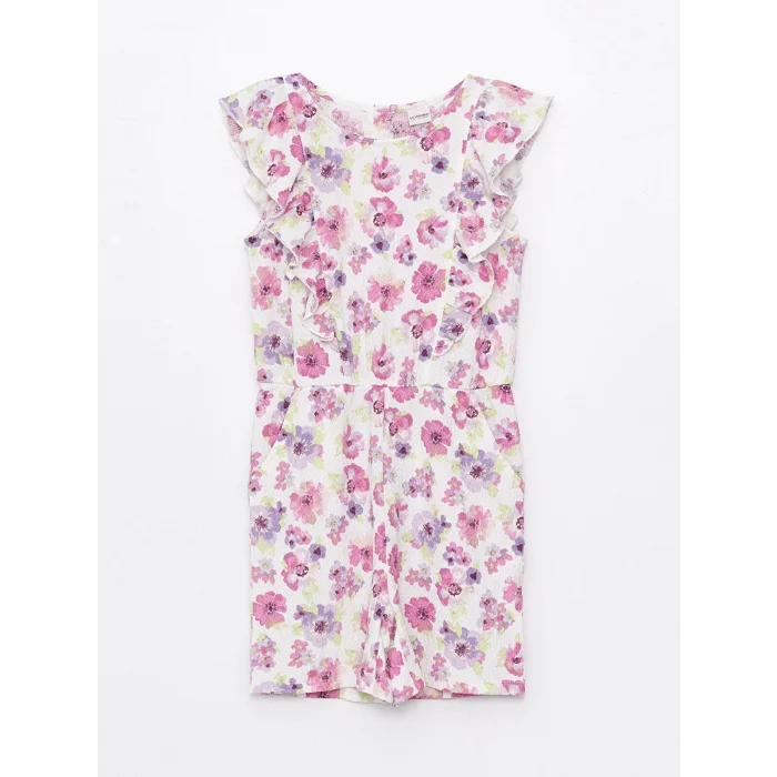 LC WAIKIKI Ekru Bisiklet Yaka Çiçekli Kız Çocuk Tulum