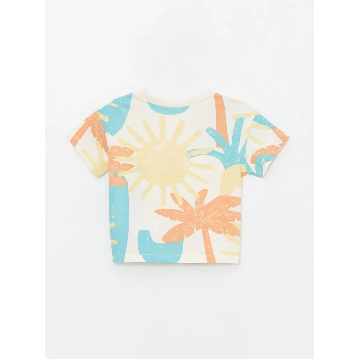 LCW baby Ekru Bisiklet Yaka Kısa Kollu Baskılı Erkek Bebek Tişört ve Şort 2li Takım