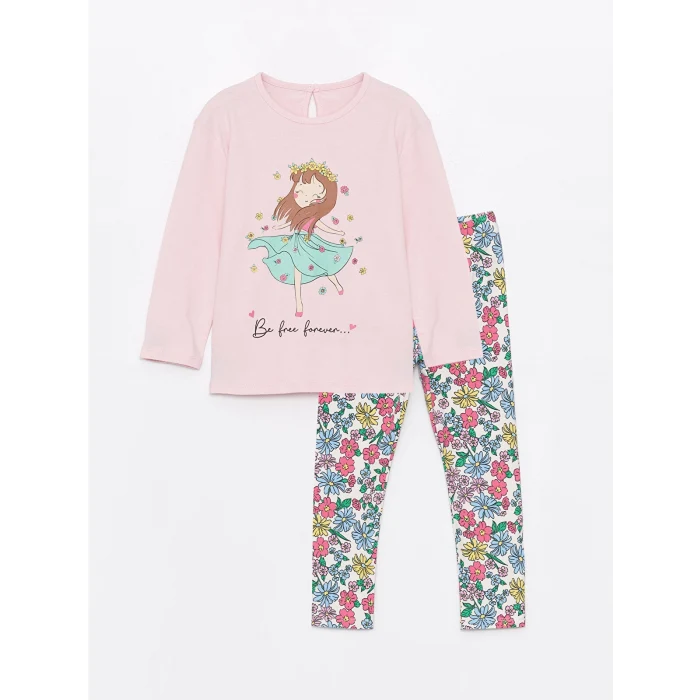 LCW Kids Pembe Bisiklet Yaka Uzun Kollu Baskılı Kız Bebek Tişört ve Tayt 2li Takım