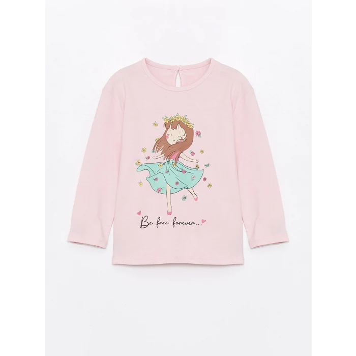 LCW Kids Pembe Bisiklet Yaka Uzun Kollu Baskılı Kız Bebek Tişört ve Tayt 2li Takım