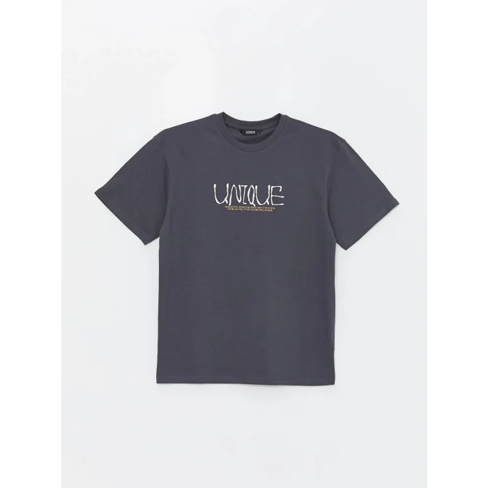 XSIDE Antrasit Bisiklet Yaka Kısa Kollu Baskılı Penye Erkek Tişört