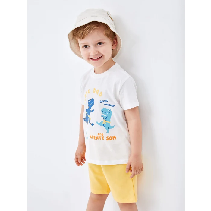 LCW Kids Ekru Bisiklet Yaka Baskılı Erkek Bebek Tişört ve Şort 2li Takım