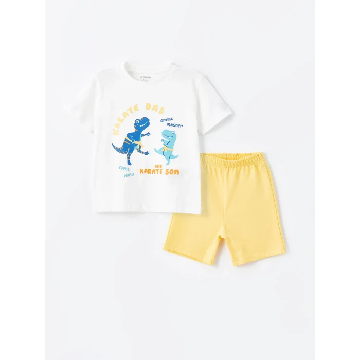 LCW Kids Ekru Bisiklet Yaka Baskılı Erkek Bebek Tişört ve Şort 2li Takım