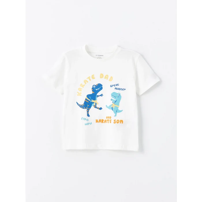 LCW Kids Ekru Bisiklet Yaka Baskılı Erkek Bebek Tişört ve Şort 2li Takım