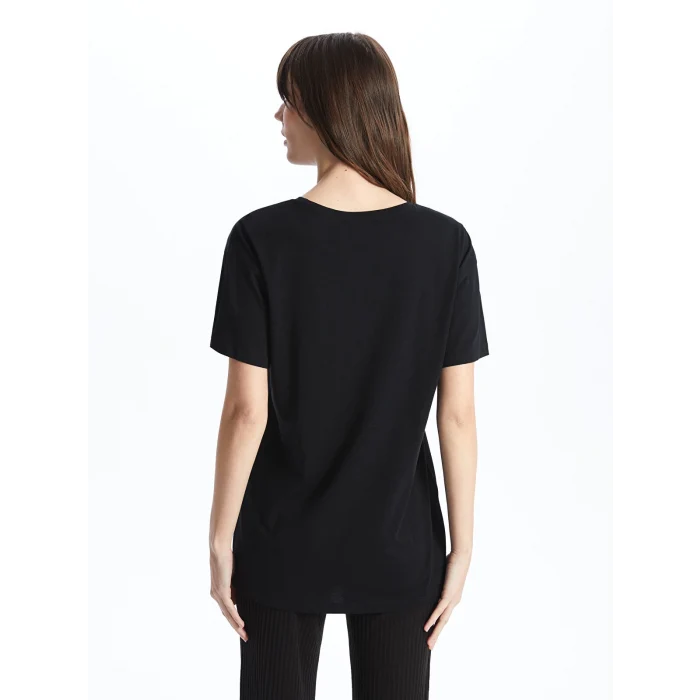 LCWAIKIKI Basic Siyah Bisiklet Yaka Taşlı Kısa Kollu Kadın Tişört