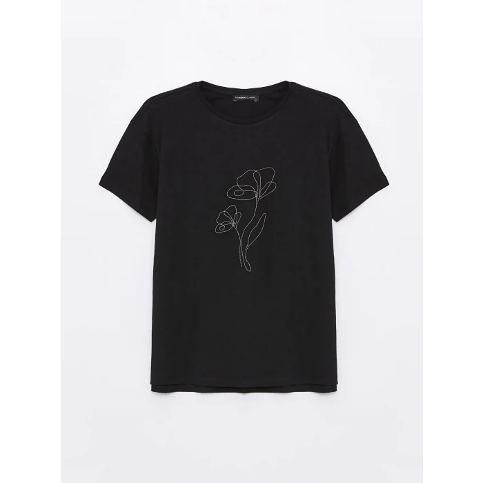 LCWAIKIKI Basic Siyah Bisiklet Yaka Taşlı Kısa Kollu Kadın Tişört