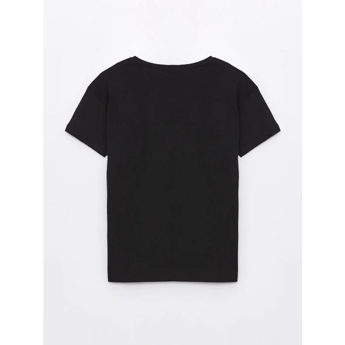 LCWAIKIKI Basic Siyah Bisiklet Yaka Taşlı Kısa Kollu Kadın Tişört