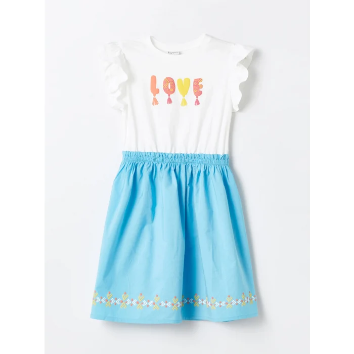 LCW Kids Ekru Bisiklet Yaka Baskılı Kısa Kollu Kız Çocuk Elbise