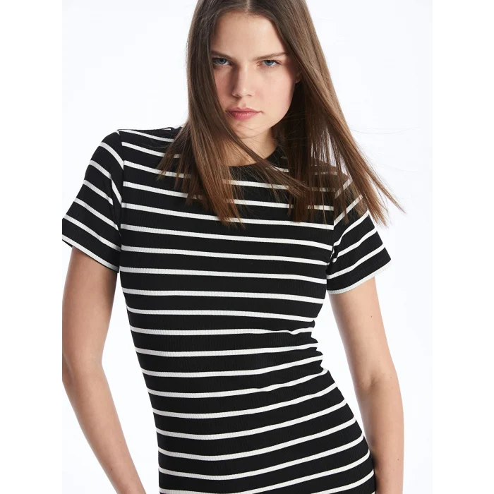 XSIDE Siyah Bisiklet Yaka Çizgili Kısa Kollu Kadın Bodycon Elbise