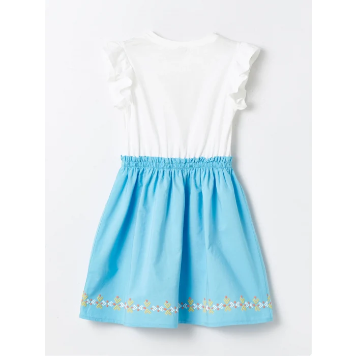 LCW Kids Ekru Bisiklet Yaka Baskılı Kısa Kollu Kız Çocuk Elbise