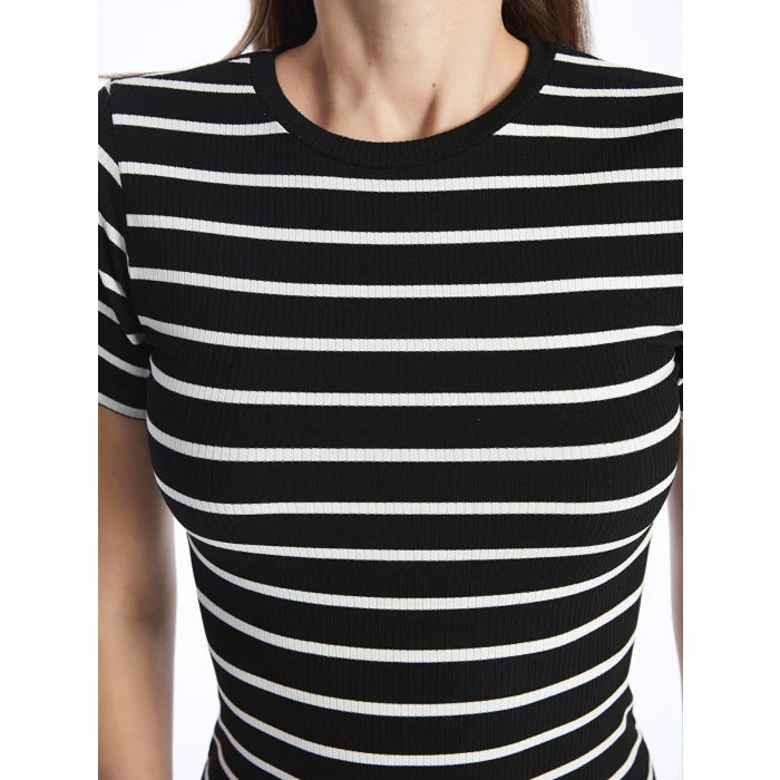 XSIDE Siyah Bisiklet Yaka Çizgili Kısa Kollu Kadın Bodycon Elbise