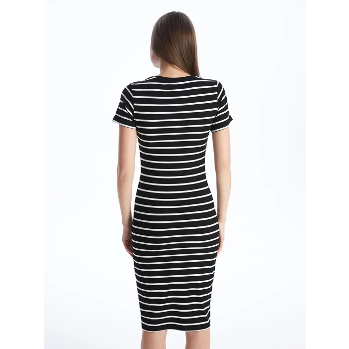 XSIDE Siyah Bisiklet Yaka Çizgili Kısa Kollu Kadın Bodycon Elbise