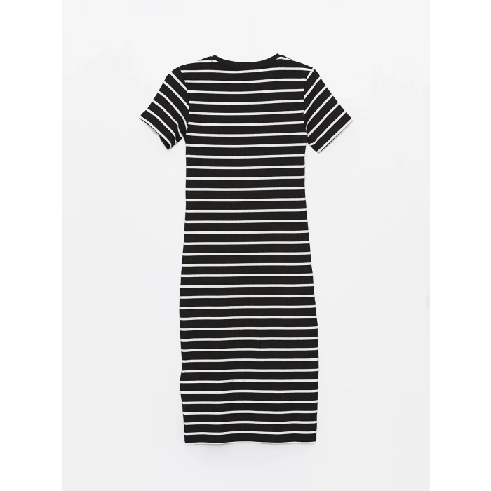 XSIDE Siyah Bisiklet Yaka Çizgili Kısa Kollu Kadın Bodycon Elbise