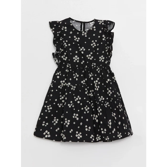 LCW Kids Siyah Bisiklet Yaka Çiçekli Kız Çocuk Elbise