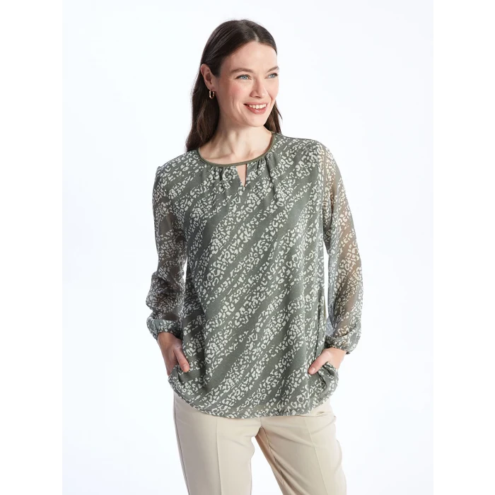 LCW Grace Haki Bisiklet Yaka Desenli Uzun Kollu Kadın Bluz