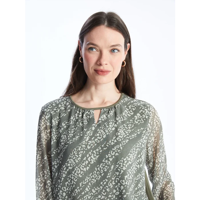 LCW Grace Haki Bisiklet Yaka Desenli Uzun Kollu Kadın Bluz