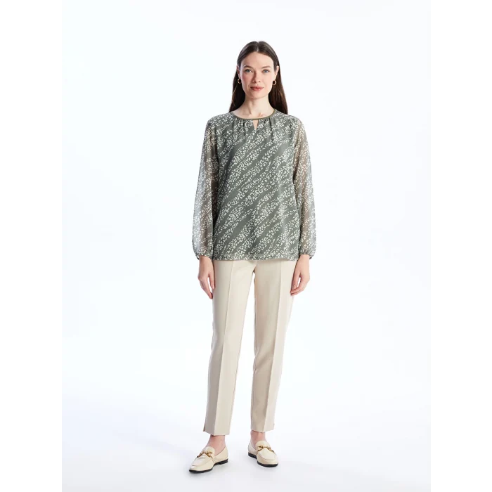 LCW Grace Haki Bisiklet Yaka Desenli Uzun Kollu Kadın Bluz