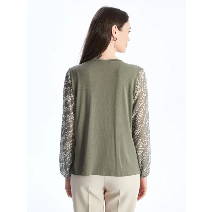 LCW Grace Haki Bisiklet Yaka Desenli Uzun Kollu Kadın Bluz