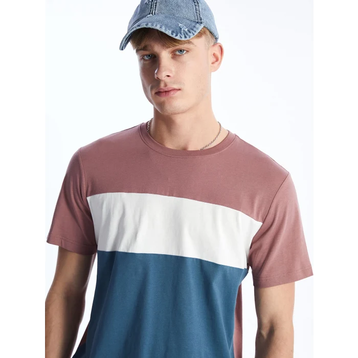 XSIDE Pembe Bisiklet Yaka Kısa Kollu Renk Bloklu Penye Erkek Tişört