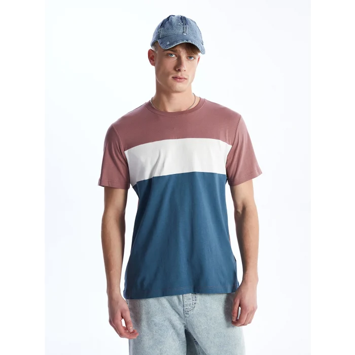 XSIDE Pembe Bisiklet Yaka Kısa Kollu Renk Bloklu Penye Erkek Tişört