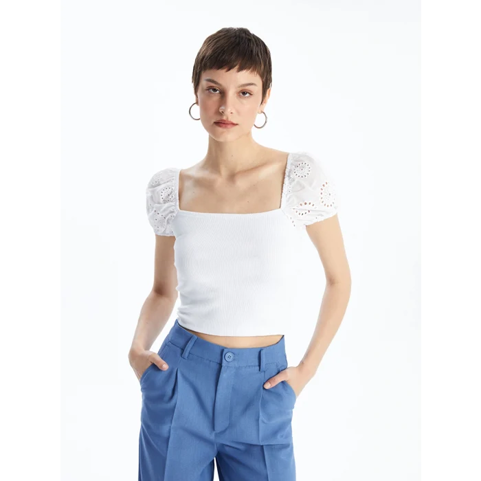 LCW Vision Beyaz Kare Yaka Düz Kısa Kollu Kadın Crop