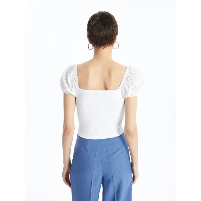 LCW Vision Beyaz Kare Yaka Düz Kısa Kollu Kadın Crop