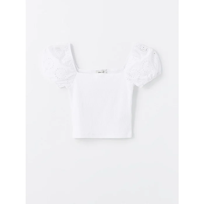 LCW Vision Beyaz Kare Yaka Düz Kısa Kollu Kadın Crop