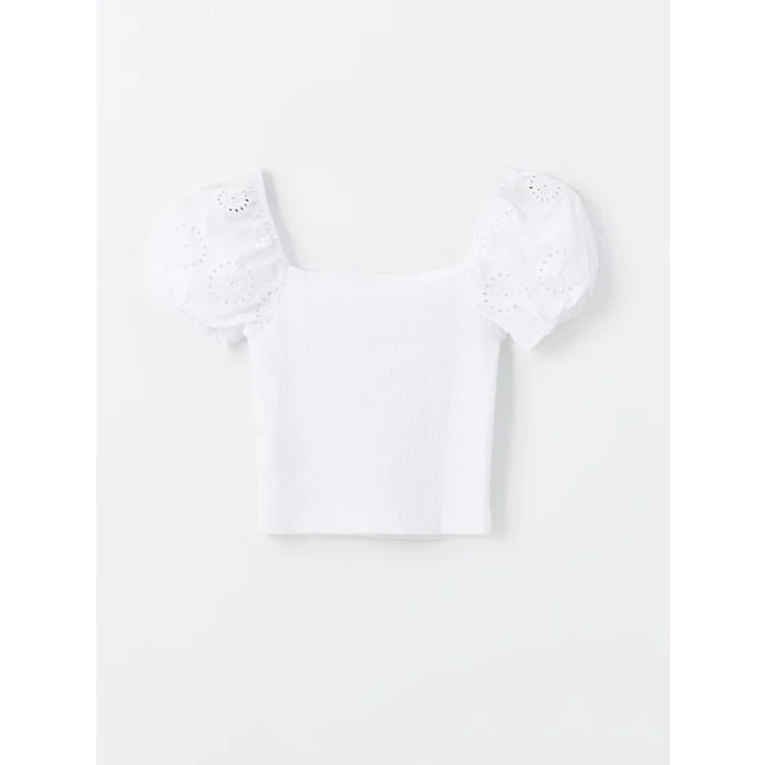 LCW Vision Beyaz Kare Yaka Düz Kısa Kollu Kadın Crop