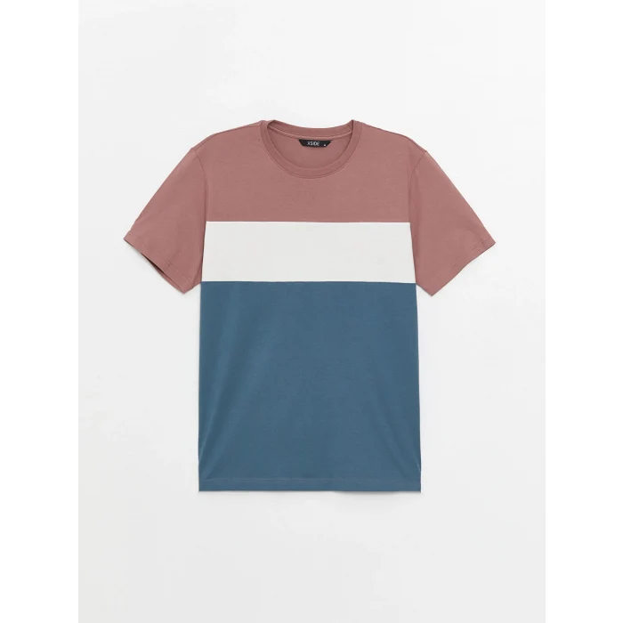 XSIDE Pembe Bisiklet Yaka Kısa Kollu Renk Bloklu Penye Erkek Tişört