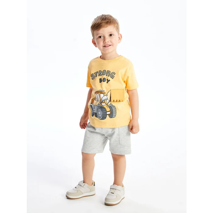 LCW Kids Turuncu Bisiklet Yaka Kısa Kollu Baskılı Erkek Bebek Tişört ve Şort 2li Takım